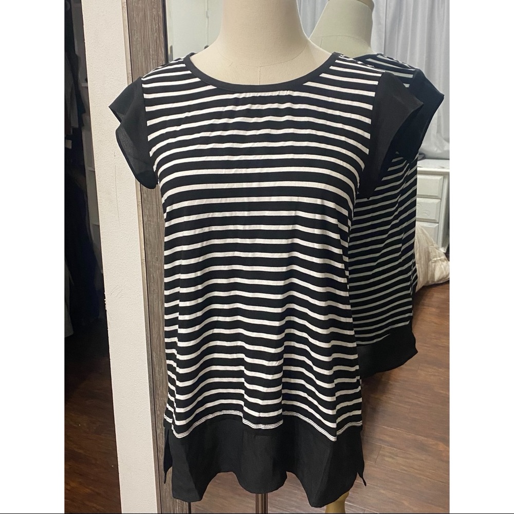 Premise | Black & White Striped Sheer Trim Longline Top Small
